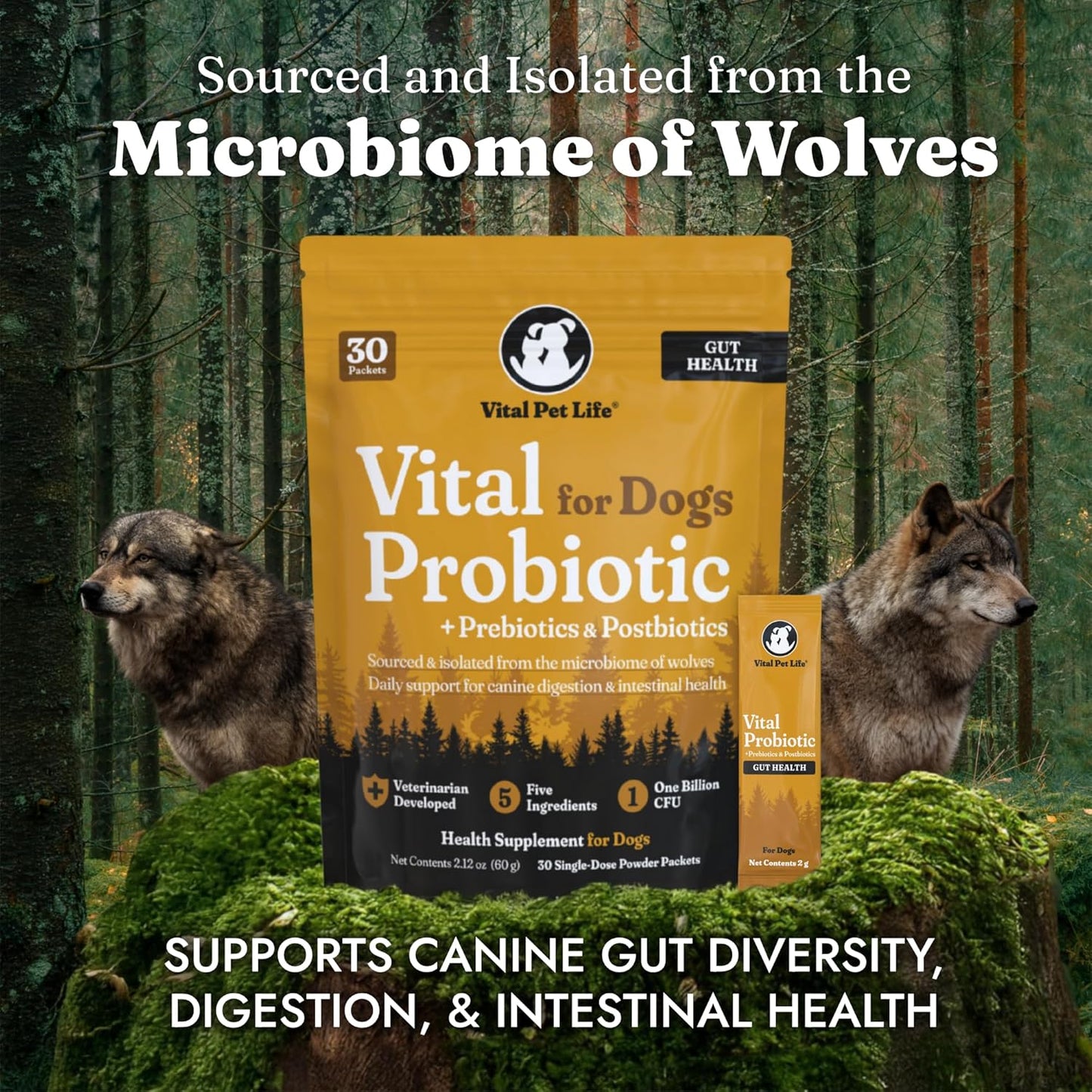 Vital Probiotics for Dogs - Wolf Microbiome, Daily Digestive Health, Dog Probiotics for Digestive Health, Powder Probiotic Supplement, Prebiotics & Postbiotics, Veterinarian Developed, 30 Packets