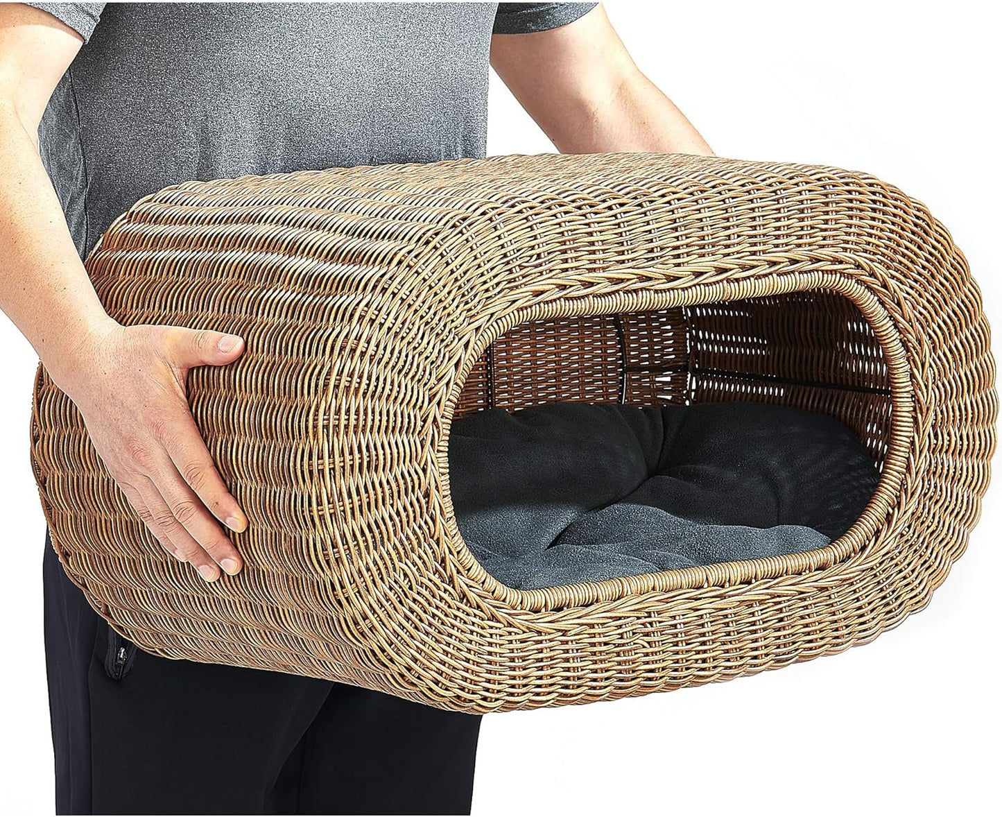 Fun Stackable Wicker Cat Hideaway House - Interactive Play Rattan Cat House for Indoor Cats Kitty, Pet Friendly Top/Side House Entry, Cat Bed Enclosed