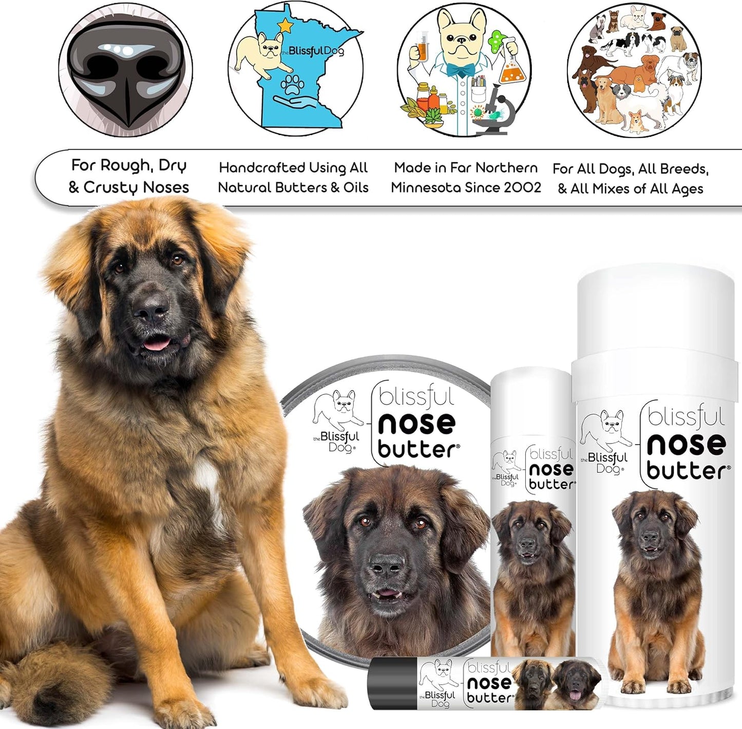 The Blissful Dog Leonberger Nose Butter for Dry, Cracked Skin, Lick-Safe Dog Nose Balm with Moisturizing Shea Butter, Almond, Olive, and Essential Oils, Pet Supplies, Uncented, 8 oz.