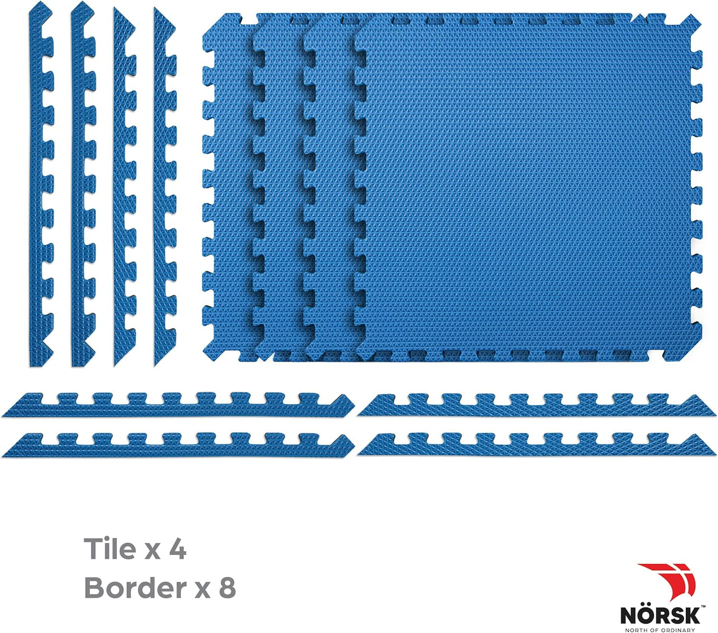 Norsk Reversible Gym Exercise Mats 3/4" Thick EVA Interlocking Foam Tiles, Perfect Home Gym Flooring, 36 Tiles & 72 Trim Pieces, 144 Sq. Ft. Reversible, Dazzling Blue/Black