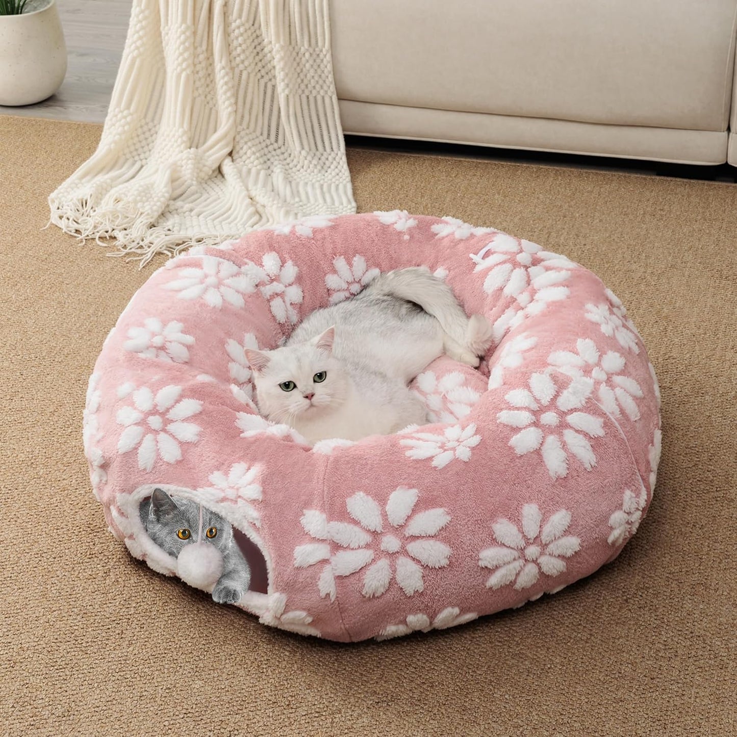Cat Tunnel for Indoor Cats, Cute Peekaboo Cat Cave with Dangling Balls, Pet Donut Tunnel Bed with Circle Mat for Puppy Kitten Rabbit, Pink