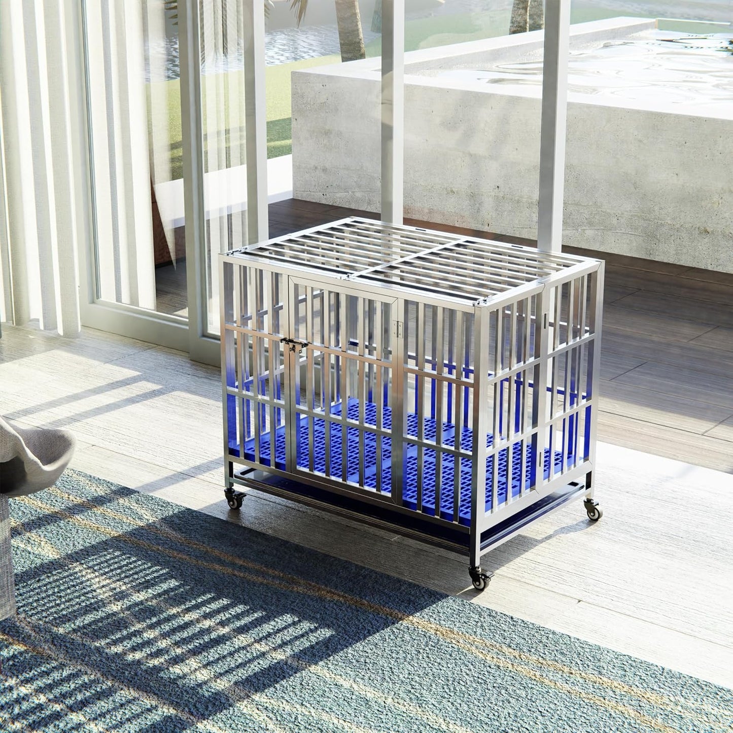 Collapsible Stainless Steel Dog Crate, 30" 37" 42" 48" Sizes, Lockable Wheel, with Tray, Stackable, Heavy Duty, Divider, Indoor and Outdoor (37in)