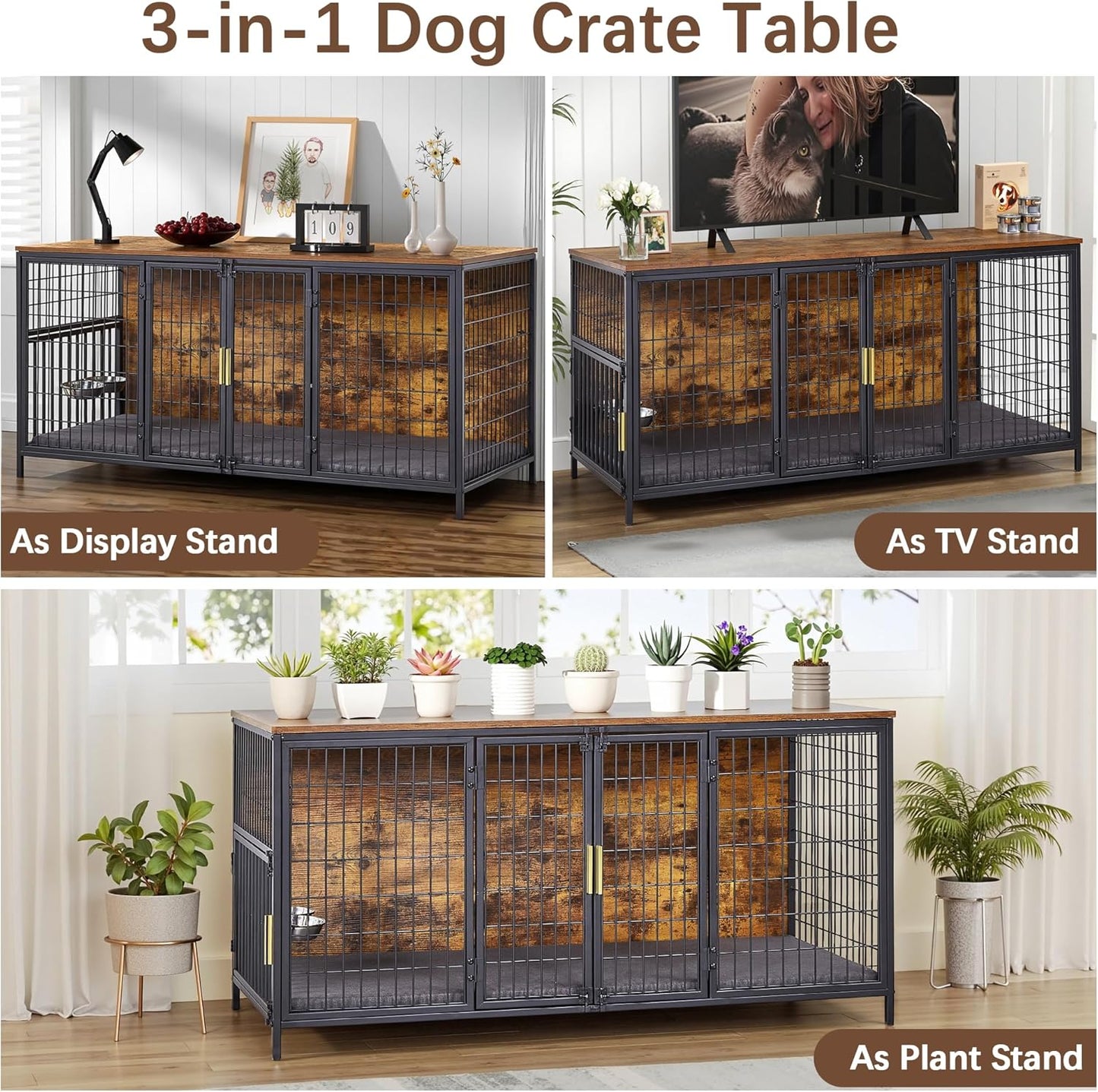 VECELO Dog Crate Furniture for Medium/Large Dogs, Wooden Dog Cage with Cushion, Double Door, Dog Kennel End Table, Brown