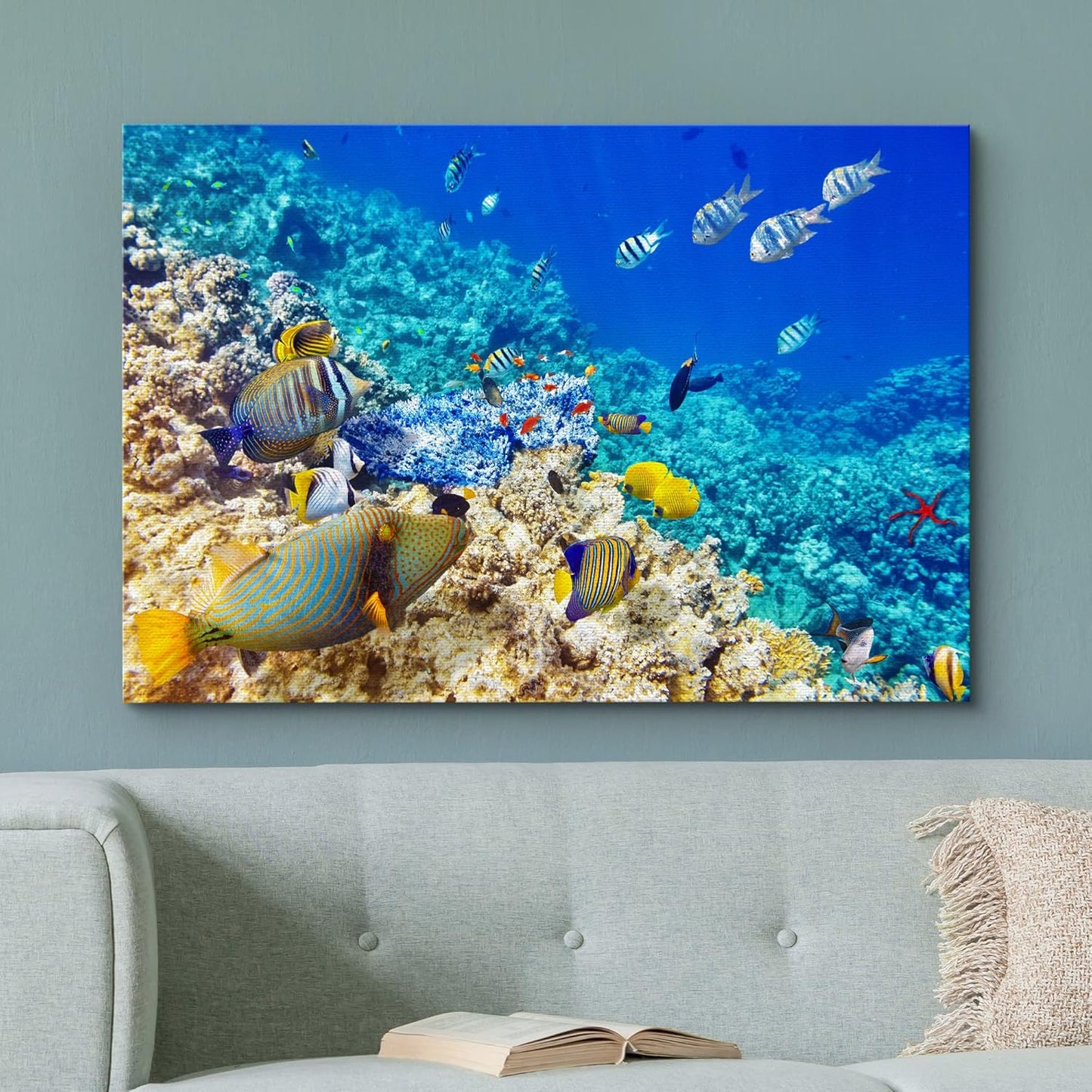 wall26 Canvas Print Wall Art Underwater Neon Blue Teal Ocean Water Fish Nature Animals Photography Realism Rustic Scenic Landscape Wilderness Earth for Living Room, Bedroom, Office - 12"x18"