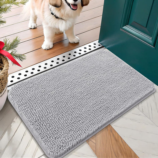 OLANLY Dog Door Mat for Muddy Paws 24x16, Absorbs Moisture and Dirt, Absorbent Non-Slip Washable Doormat, Quick Dry Chenille Mud Mat for Dogs, Entry Indoor Entryway Carpet for Inside Floor, Light Grey