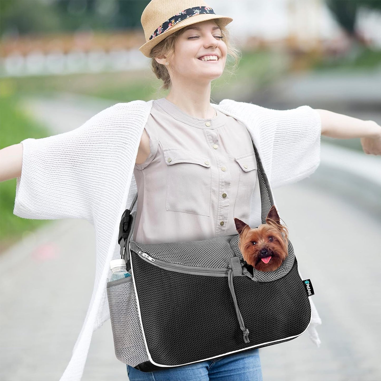 PetAmi Small Dog Sling Carrier, Soft-Sided Crossbody Puppy Carrying Purse Bag, Adjustable Sling Pet Pouch to Wear Medium Dog Cat Travel, Dog Bag for Traveling, Poop Bag Dispenser, Max 10 lbs, Black