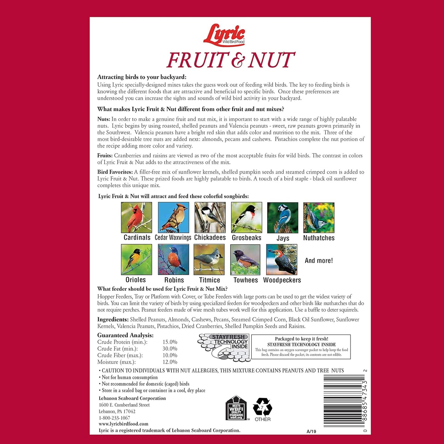 Lyric Fruit and Nut Wild Bird Seed - High Energy Wild Bird Food Mix - Attracts Woodpeckers, Chickadees & Other Songbirds - 20 lb bag