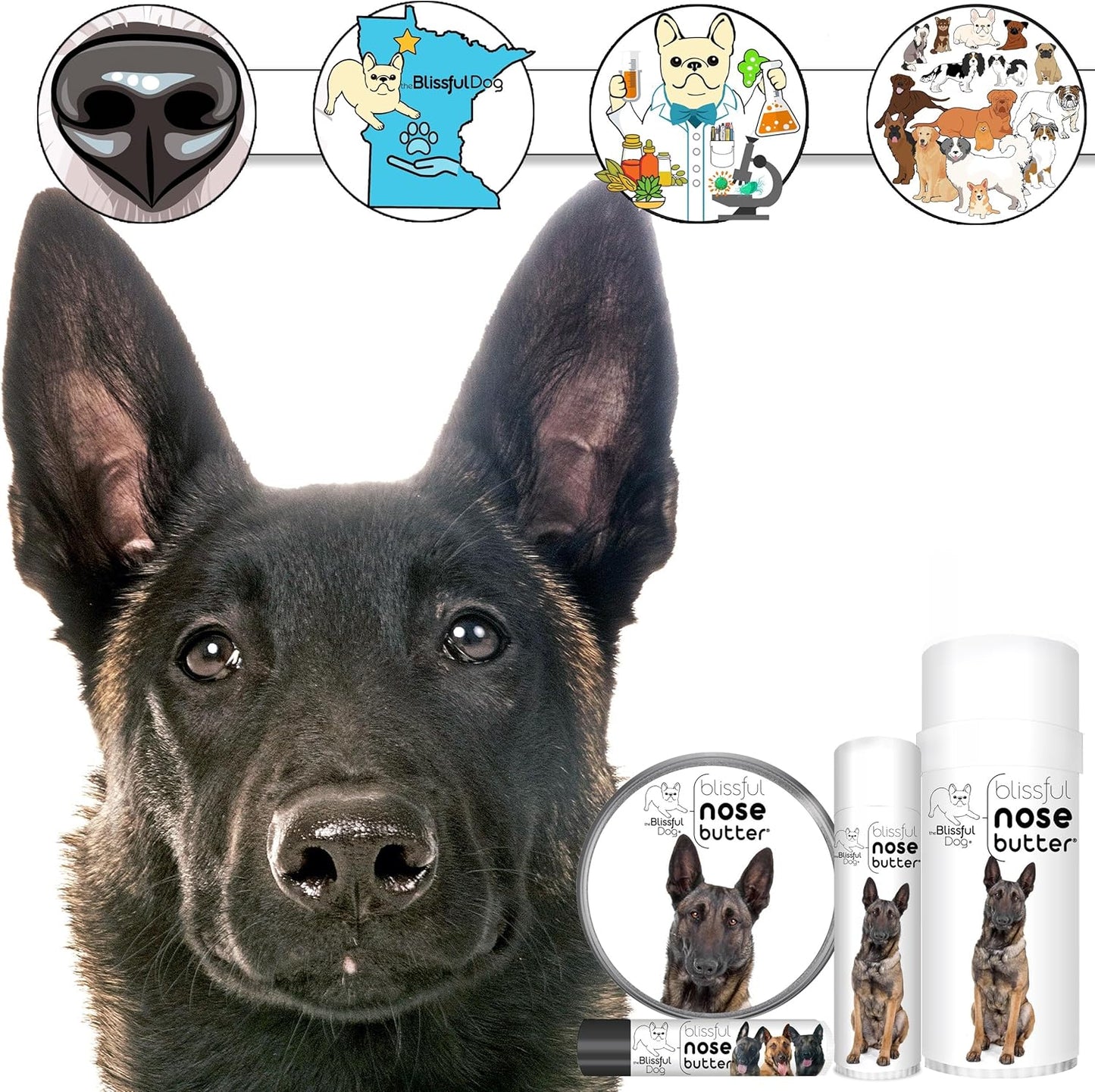 The Blissful Dog Belgian Malinois Nose Butter for Dry, Cracked Skin, Lick-Safe Dog Nose Balm with Moisturizing Shea Butter, Almond, Olive, and Essential Oils, Pet Supplies, Uncented, 2 oz.