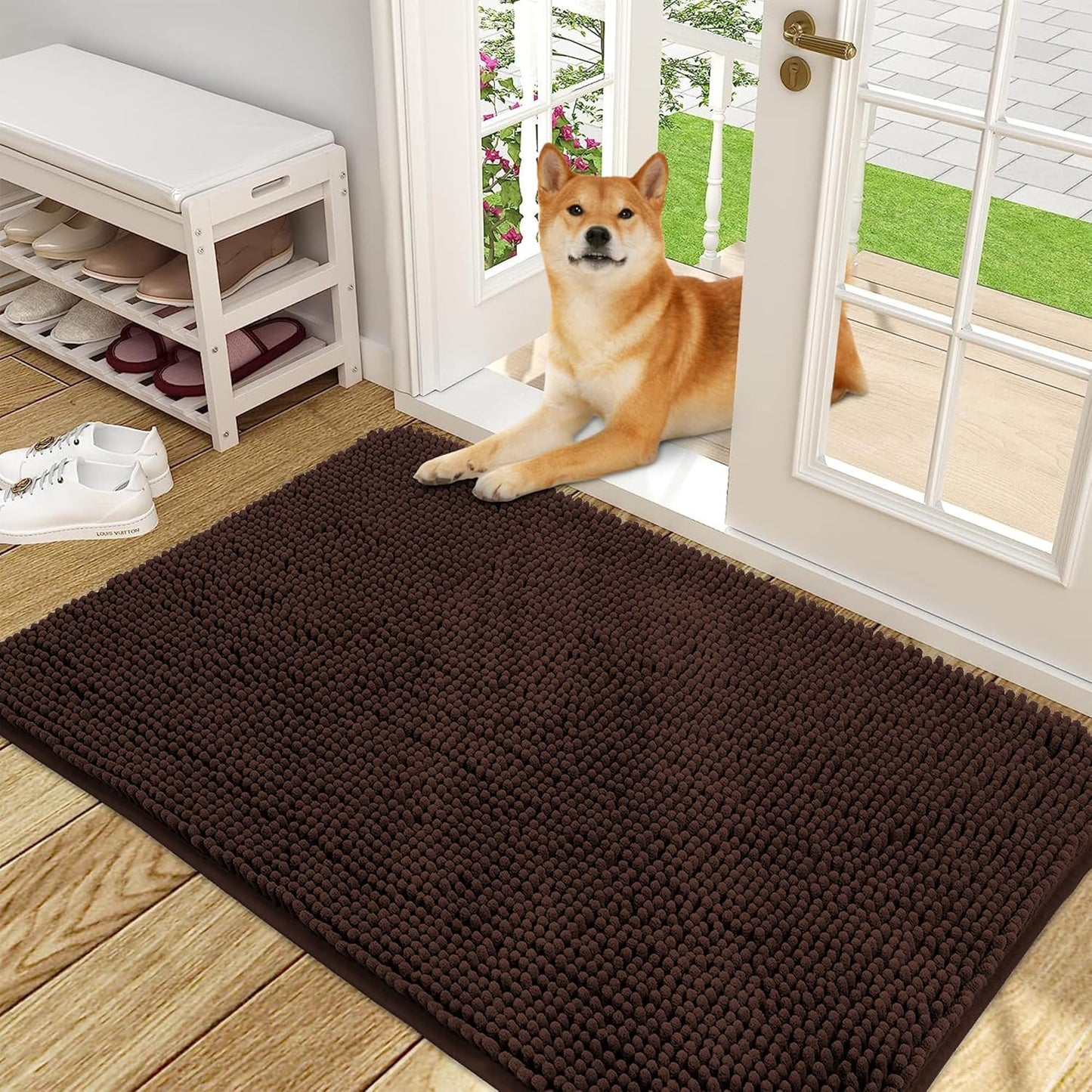 OLANLY Dog Door Mat for Muddy Paws 48x30, Absorbs Moisture and Dirt, Absorbent Non-Slip Washable Doormat, Quick Dry Chenille Mud Mat for Dogs, Entry Indoor Entryway Carpet for Inside Floor, Brown