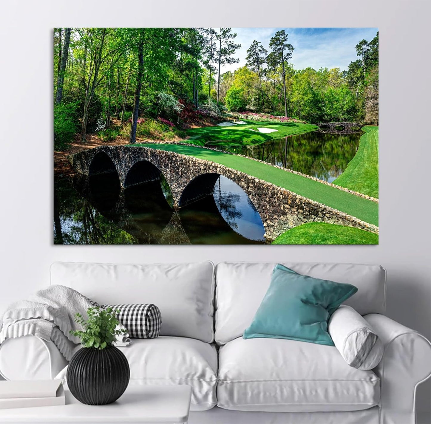 Nature Wall Art Prints - Ocean Forest Mountain Lake Canvas Landscapes - Small to Extra Large Living Room Bedroom Kitchen Bathroom Décor (Golf Course with Stone Bridge, 16L" x 24W")