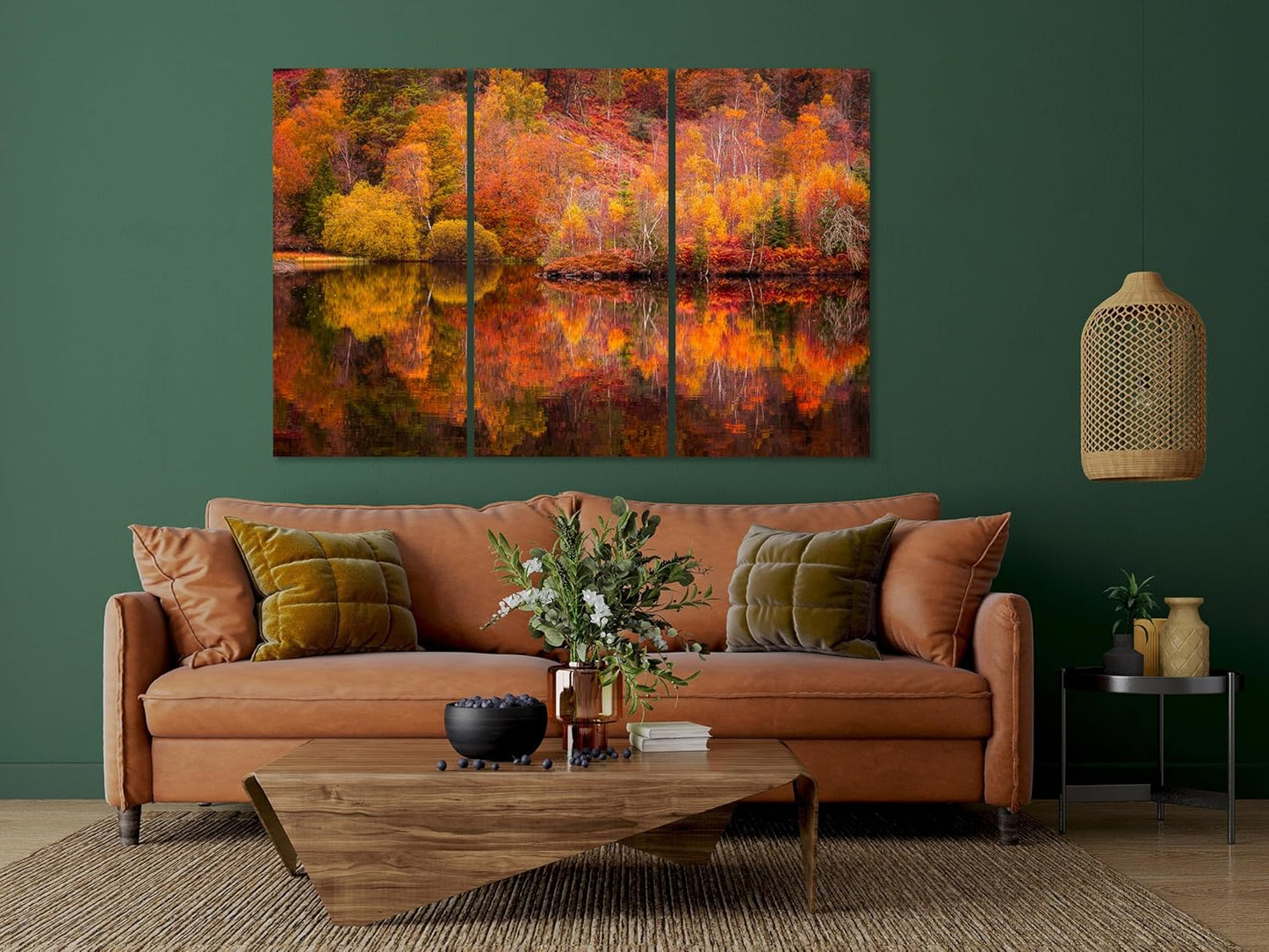 Nature Wall Art Prints - Ocean Forest Mountain Lake Canvas Landscapes - Small to Extra Large Living Room Bedroom Kitchen Bathroom Décor (Autumn Forest with Lake, 31L" x 47W" - 3 Panels)