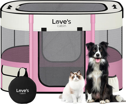 Love's cabin Pet Puppy Dog Playpen, Small Dog Tent Crates Cage Indoor/Outdoor, Portable Exercise Playpen for Cat, Foldable Pop Up Dog Kennel Playpen with Carring Case (S, Light Pink)