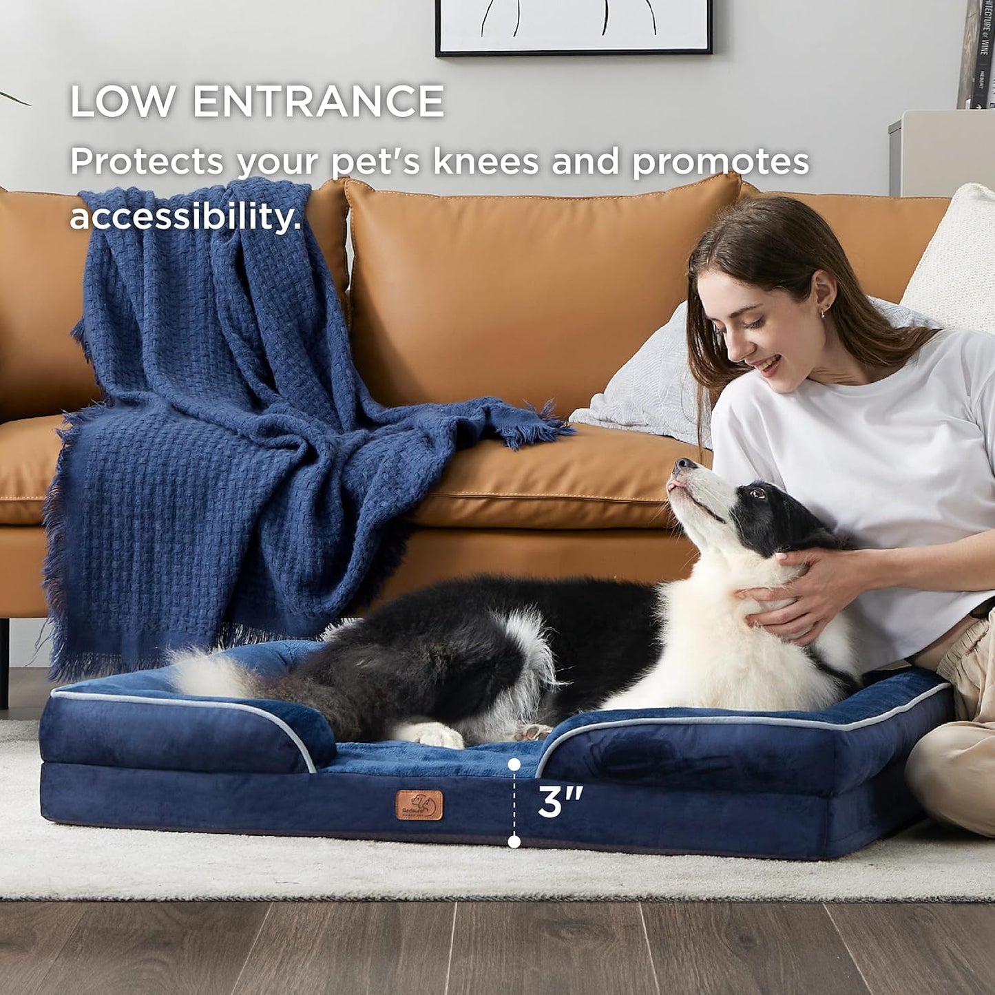 Bedsure L Plus Orthopedic Dog Bed for Large Dogs - Washable Dog Cat Bed Waterproof, L Plus Big Comfort Dogs Couch Sofa with Washable Removable Cover, Pet Bed with Nonskid Bottom, Blue Navy, 38"