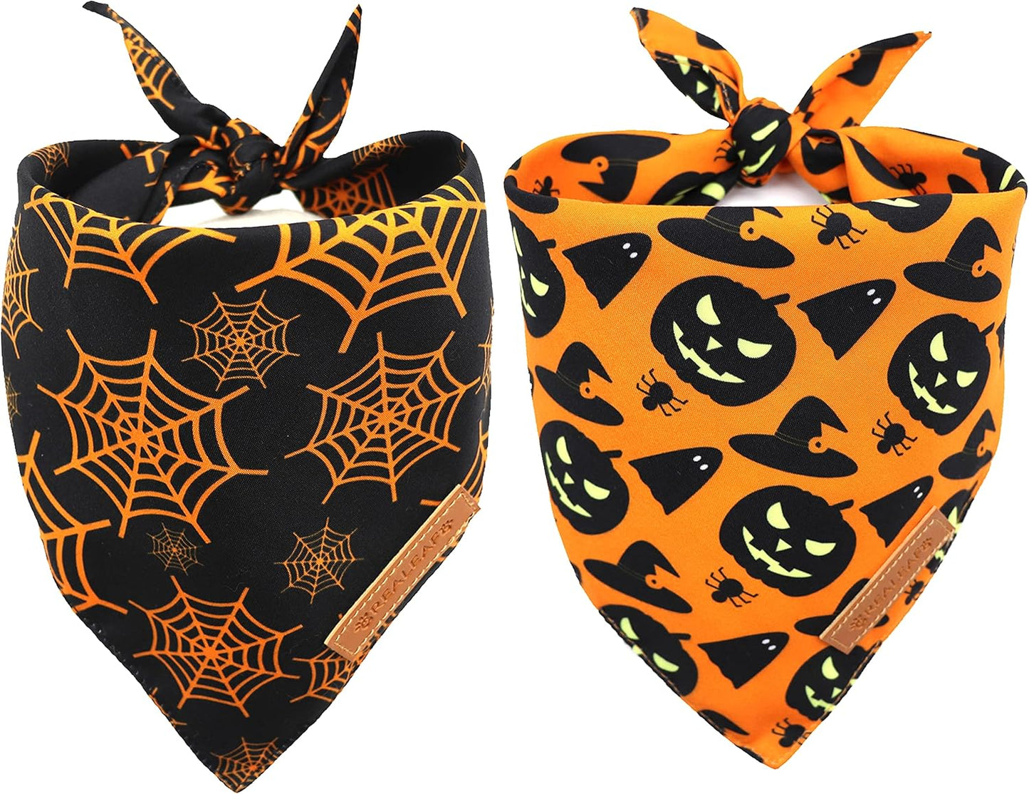Realeaf Halloween Dog Bandanas 2 Pack, Pumpkin and Spider Web Bibs, Triangle Reversible Fall Pet Scarf, Premium Durable Fabric, Adjustable Fit (X-Large)