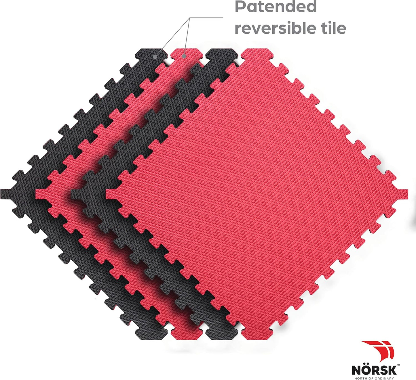 Norsk Reversible Gym Exercise Mats 3/4" Thick EVA Interlocking Foam Tiles, Perfect Gym Flooring for Home Gym, 12 24"x24" Tiles & 24 Trim Pieces, 48 Sq. Ft. Reversible, Red/Black