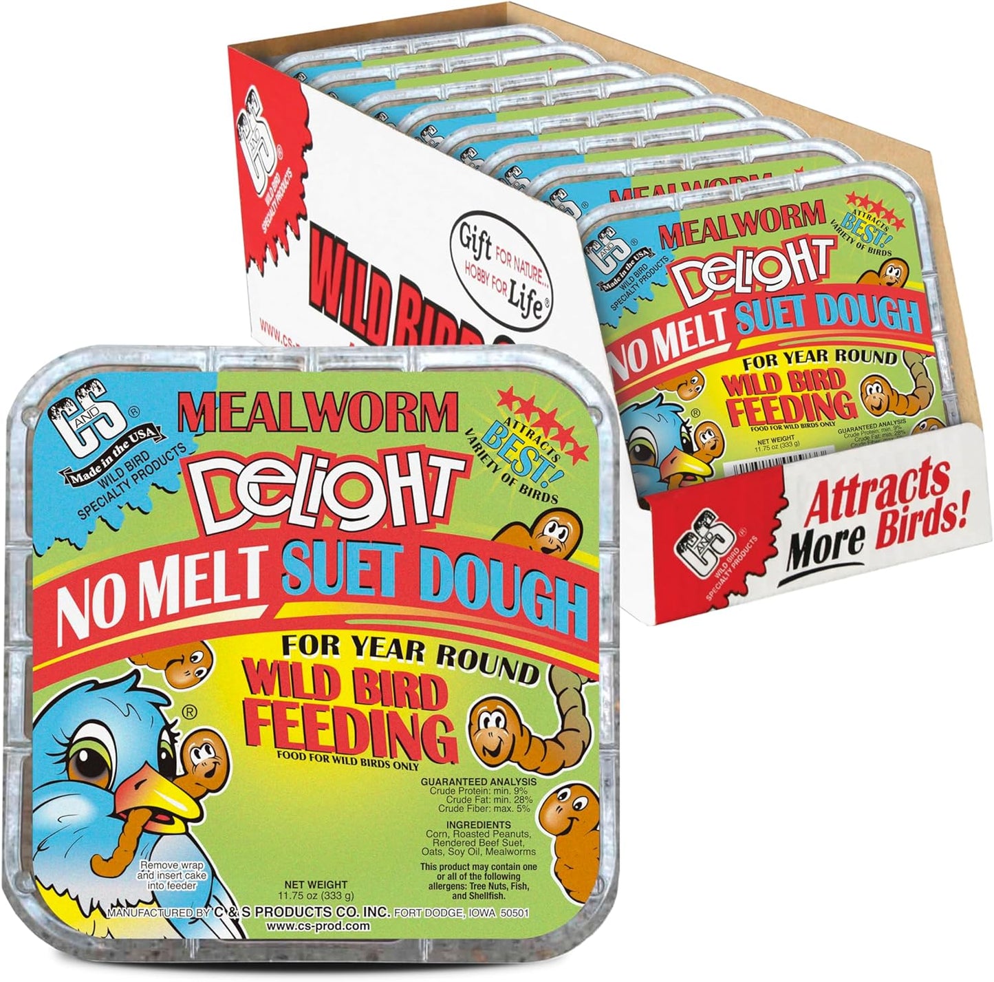 C&S Mealworm Delight No Melt Suet Dough, Suet Cakes for Wild Birds, 11.75 Ounces, Pack of 8