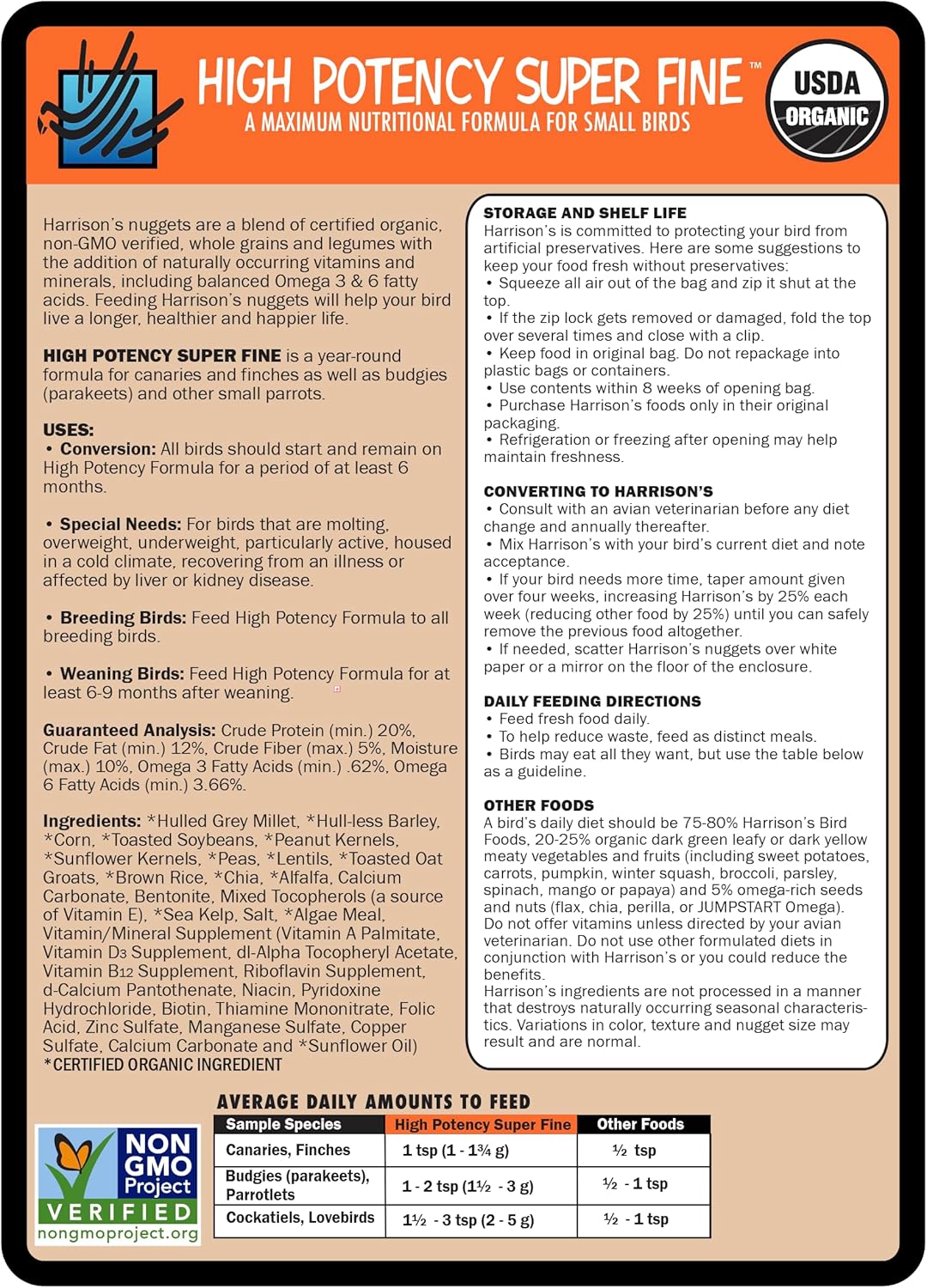 Harrison's Bird Foods High Potency Maximum Nutritional Formula for Small to Medium Birds, Certified Organic Non-GMO Pet Bird Food, Vet-Developed, Suitable for All Life Stages, 454 g/ 1 lb