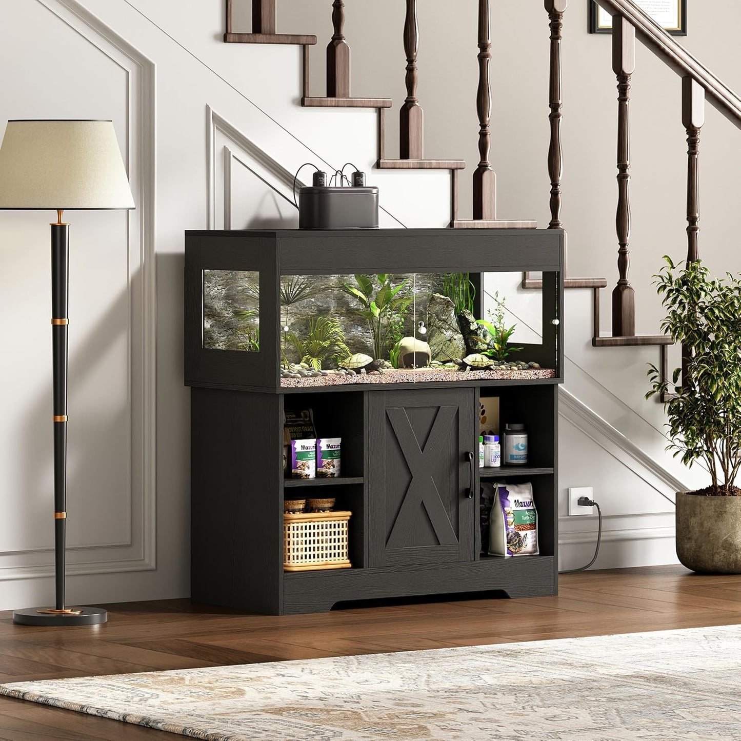 40 Gallon Reptile Terrarium Tank with Storage Cabinet, Reptile Tank with Stand, for Leopard Geckos, Corn Snakes, Juvenile Pets, Sliding Acrylic Doors, Mesh Top, Power Outlet, Black PX03RTB