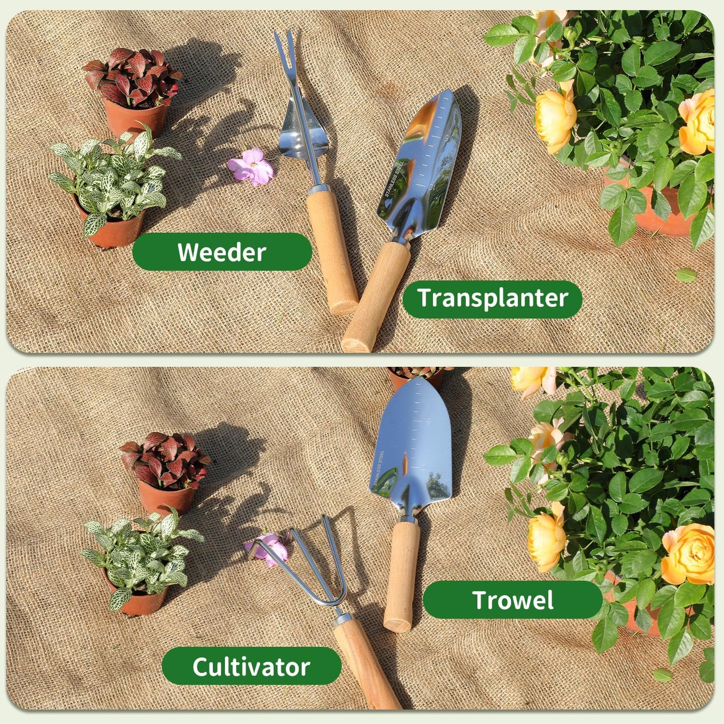 Gardening Tools 10-Piece Heavy Duty Stainless Steel Hand Tools with Durable Garden Tools Storage Tote,Rust-Proof Garden Tool Set, Ideal Gardening Gifts for Women Yellow Floral Pattern Design