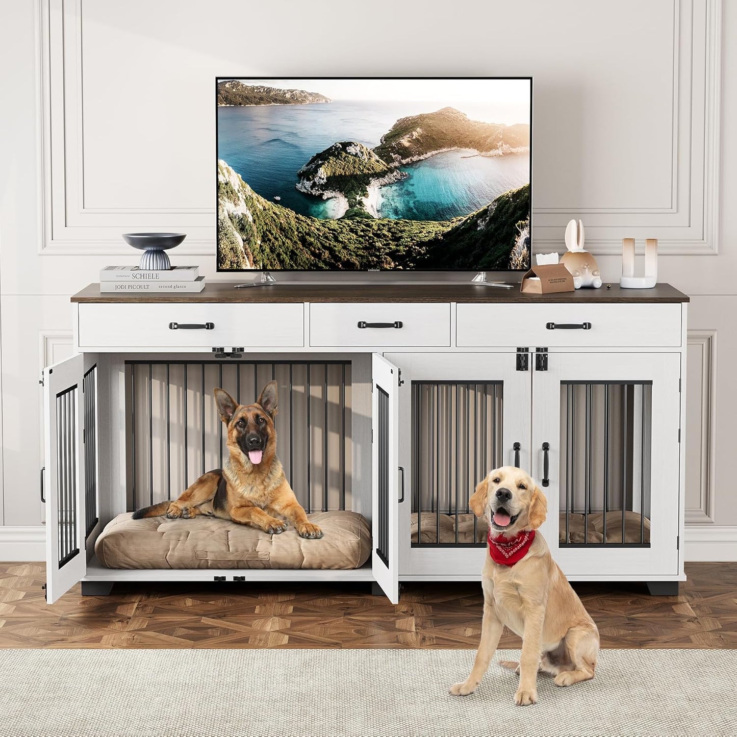 71'' Dog Crate Furniture, Wooden Indoor Dog Kennel for 2 Dogs with 3 Drawers and Removable Room Divider, XXL Double Dog Crate TV Stand End Table with Double Doors for Large Medium Dogs, White
