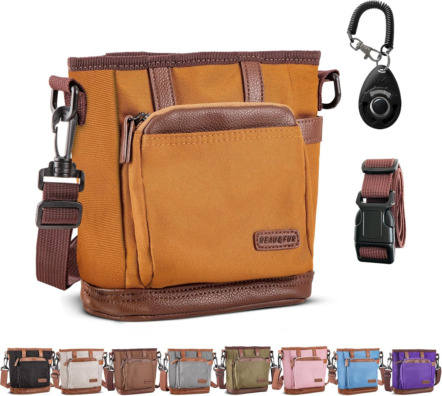 BEAU&FUR Dog Treat Pouch with Clicker for Training - Hands-Free Dog Treat Bag with Magnetic Closure, Built-in Poop Bag Holder Pocket