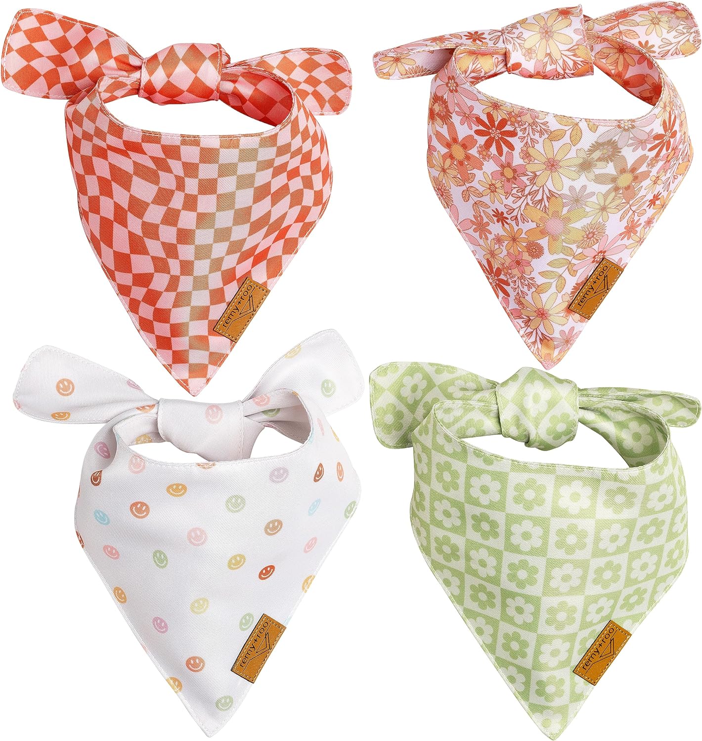 Remy+Roo Small Spring Dog Bandanas - 4 Pack Daisy Set | Premium Durable Adjustable Polyester Fabric | Patented Shape Girl Dog Bandana, Floral Dog Bandana