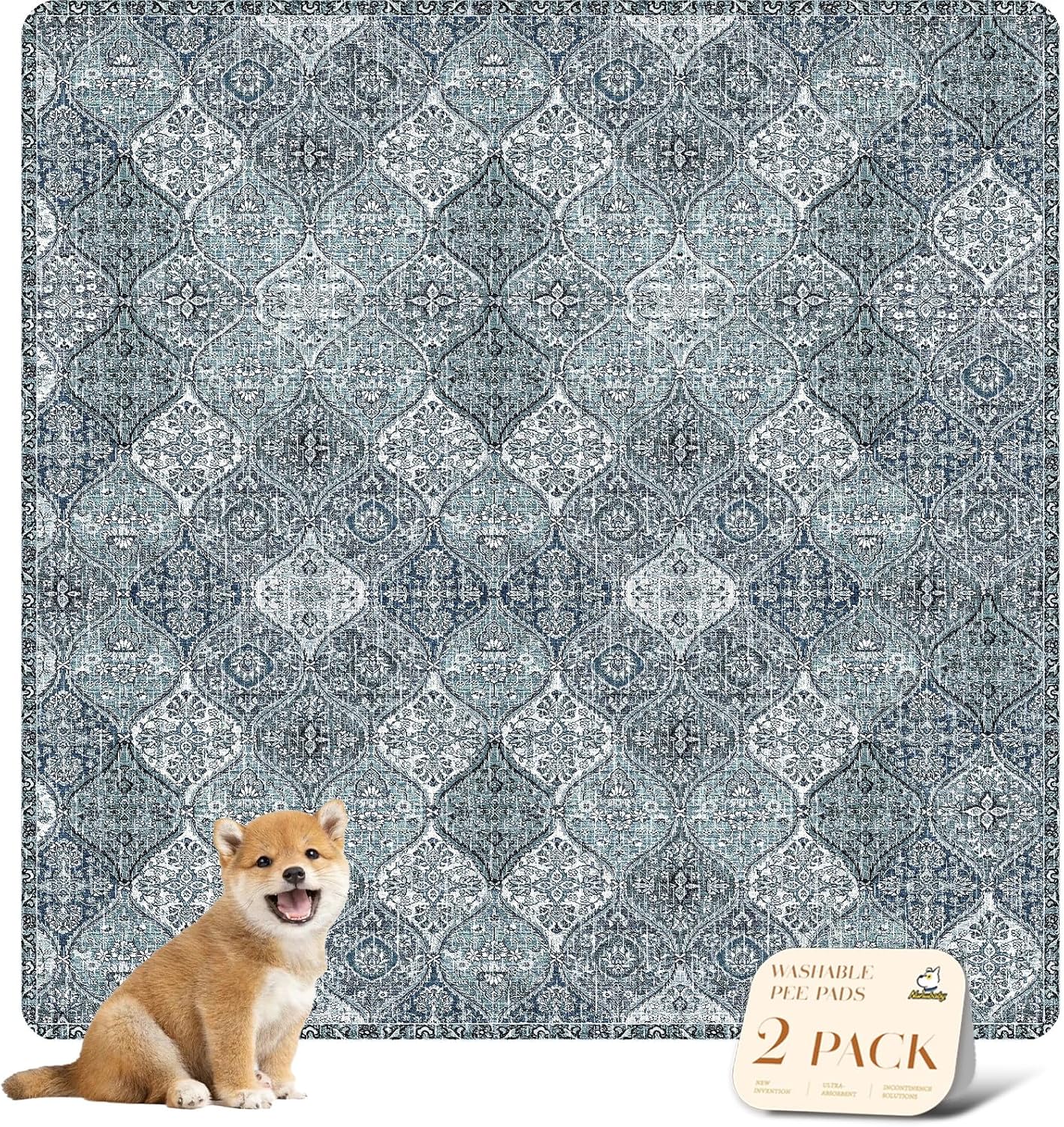 nunubaby Washable Pee Pads for Dogs, Stylish, Non-Slip and Leak-Proof Pee Pads. Reusable Potty Pads for Dogs for Crates and Floors.(Blue/Multi, 54" x54" )